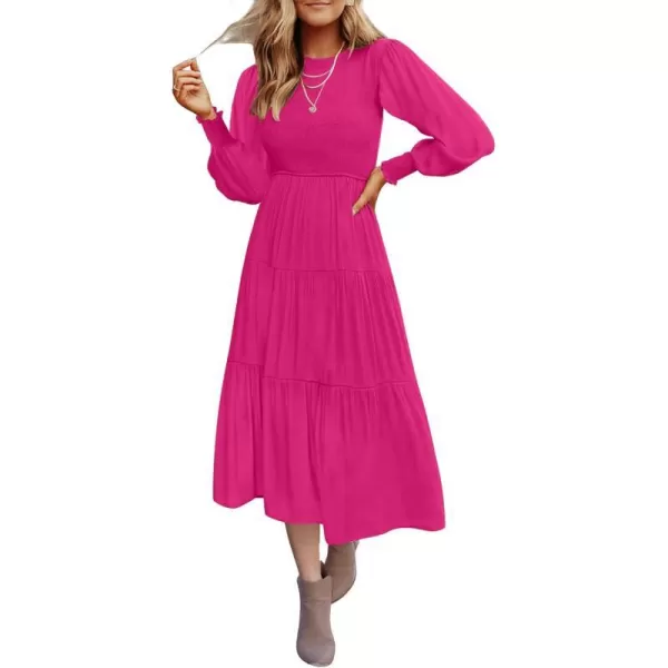 imageZESICA Womens 2023 Casual Long Sleeve Crew Neck High Waist Smocked Flowy Tiered Midi DressRose