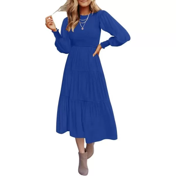 imageZESICA Womens 2023 Casual Long Sleeve Crew Neck High Waist Smocked Flowy Tiered Midi DressRoyalblue