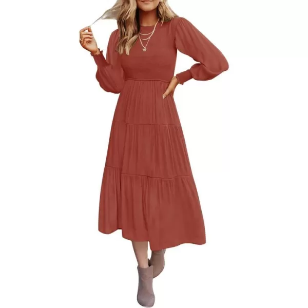 imageZESICA Womens 2023 Casual Long Sleeve Crew Neck High Waist Smocked Flowy Tiered Midi DressRust