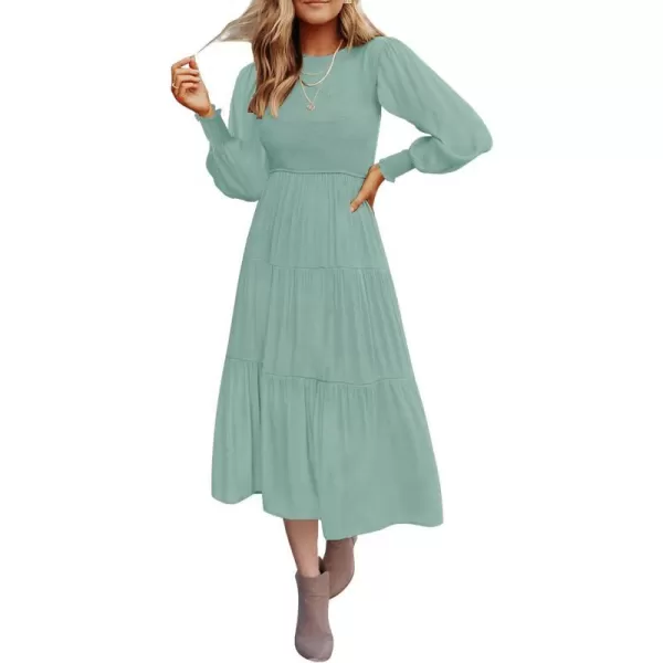 imageZESICA Womens 2023 Casual Long Sleeve Crew Neck High Waist Smocked Flowy Tiered Midi DressSage