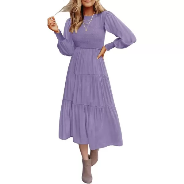 imageZESICA Womens 2023 Casual Long Sleeve Crew Neck High Waist Smocked Flowy Tiered Midi DressViolet