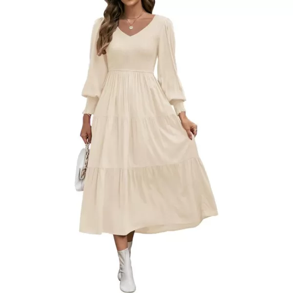 imageZESICA Womens 2023 Casual Long Sleeve Crew Neck High Waist Smocked Flowy Tiered Midi DressVneckapricot