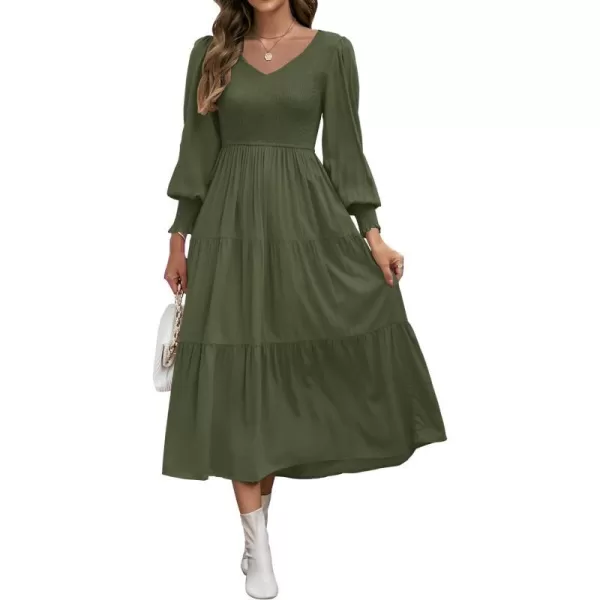 imageZESICA Womens 2023 Casual Long Sleeve Crew Neck High Waist Smocked Flowy Tiered Midi DressVneckarmygreen