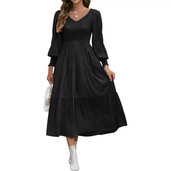 imageZESICA Womens 2023 Casual Long Sleeve Crew Neck High Waist Smocked Flowy Tiered Midi DressVneckblack