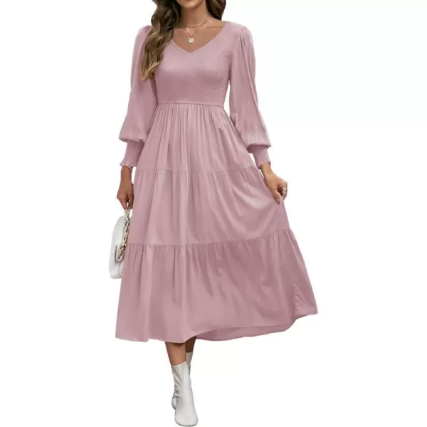 imageZESICA Womens 2023 Casual Long Sleeve Crew Neck High Waist Smocked Flowy Tiered Midi DressVneckdarkpink