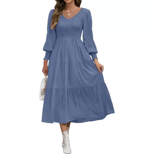 imageZESICA Womens 2023 Casual Long Sleeve Crew Neck High Waist Smocked Flowy Tiered Midi DressVneckdustyblue