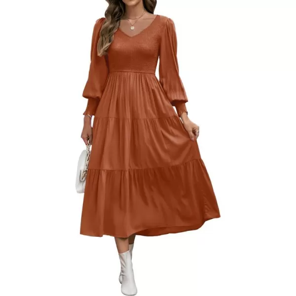 imageZESICA Womens 2023 Casual Long Sleeve Crew Neck High Waist Smocked Flowy Tiered Midi DressVneckmaple