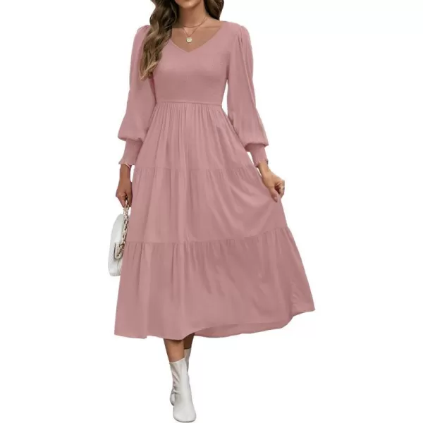 imageZESICA Womens 2023 Casual Long Sleeve Crew Neck High Waist Smocked Flowy Tiered Midi DressVneckpink