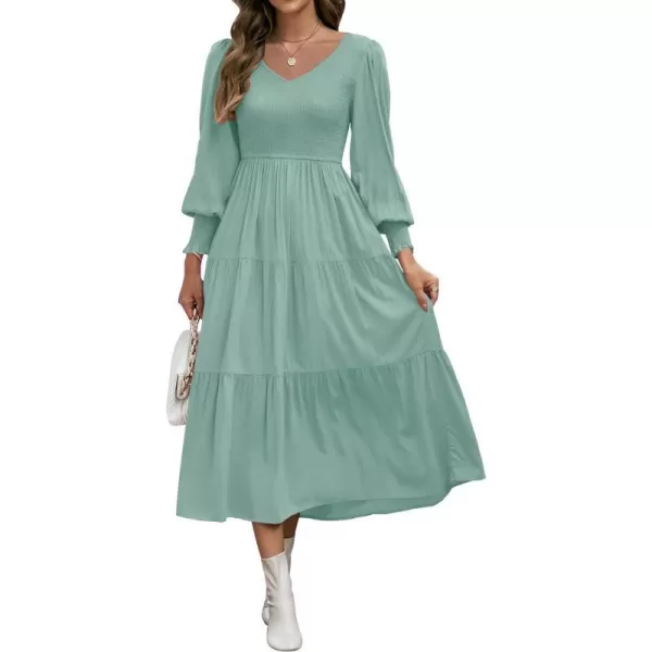 imageZESICA Womens 2023 Casual Long Sleeve Crew Neck High Waist Smocked Flowy Tiered Midi DressVnecksage