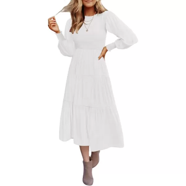 imageZESICA Womens 2023 Casual Long Sleeve Crew Neck High Waist Smocked Flowy Tiered Midi DressWhite