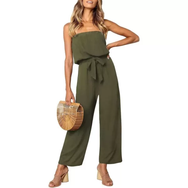 imageZESICA Womens 2023 Casual Off Shoulder Solid Color Strapless Belted Wide Leg Jumpsuit RomperArmy Green