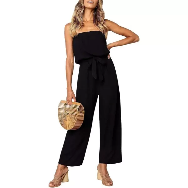 imageZESICA Womens 2023 Casual Off Shoulder Solid Color Strapless Belted Wide Leg Jumpsuit RomperBlack