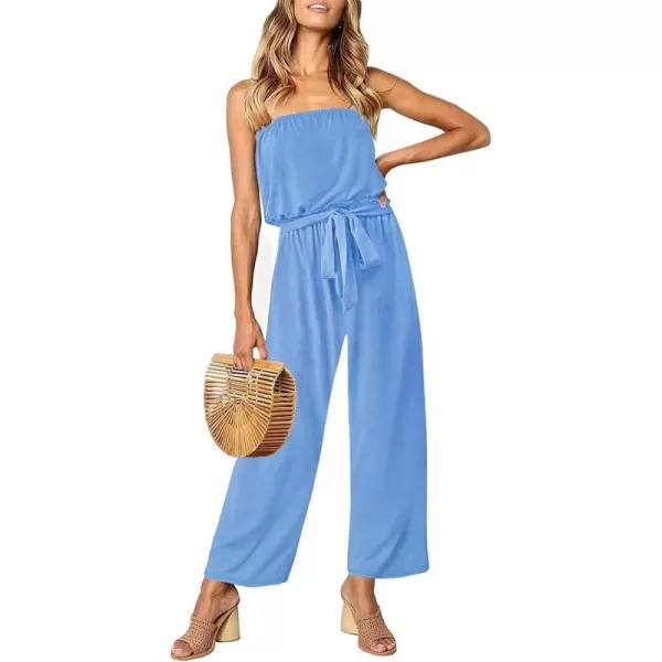 imageZESICA Womens 2023 Casual Off Shoulder Solid Color Strapless Belted Wide Leg Jumpsuit RomperBlue