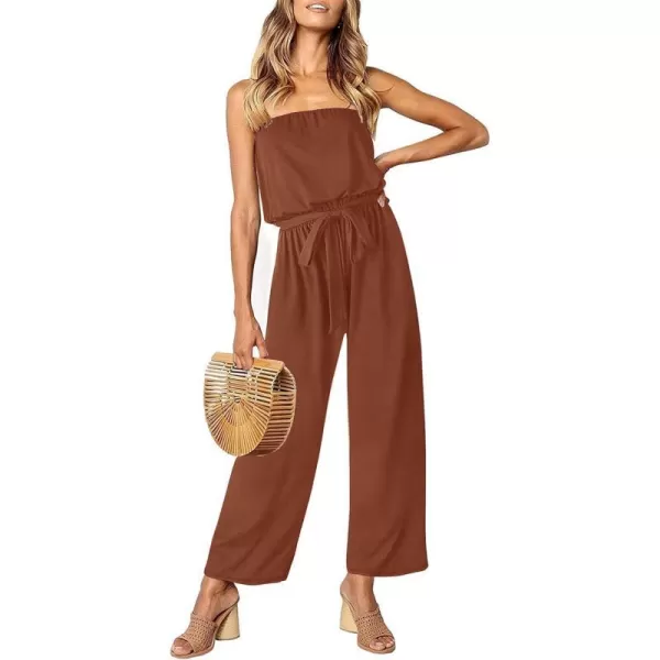 imageZESICA Womens 2023 Casual Off Shoulder Solid Color Strapless Belted Wide Leg Jumpsuit RomperCaramel