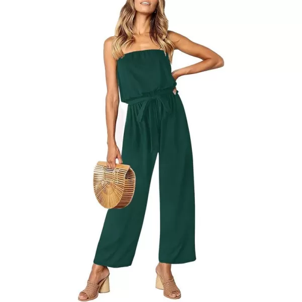imageZESICA Womens 2023 Casual Off Shoulder Solid Color Strapless Belted Wide Leg Jumpsuit RomperDarkgreen