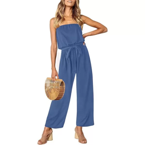 imageZESICA Womens 2023 Casual Off Shoulder Solid Color Strapless Belted Wide Leg Jumpsuit RomperDustyblue