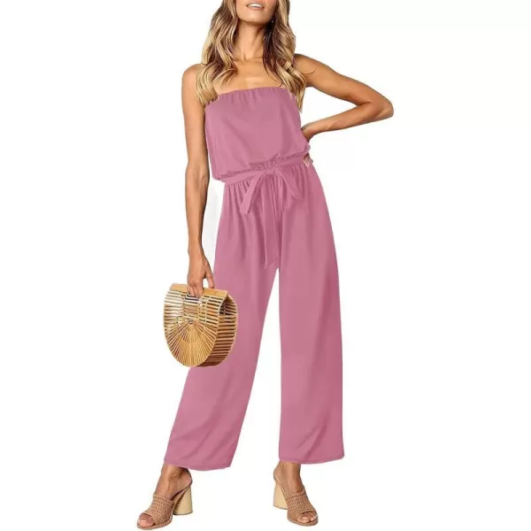 imageZESICA Womens 2023 Casual Off Shoulder Solid Color Strapless Belted Wide Leg Jumpsuit RomperDustypink