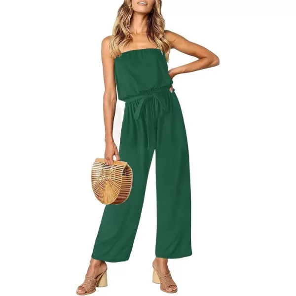 imageZESICA Womens 2023 Casual Off Shoulder Solid Color Strapless Belted Wide Leg Jumpsuit RomperGreen