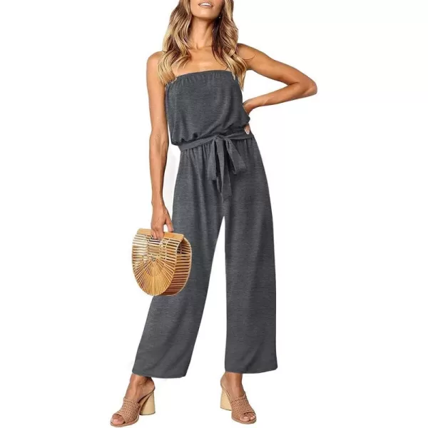 imageZESICA Womens 2023 Casual Off Shoulder Solid Color Strapless Belted Wide Leg Jumpsuit RomperGrey