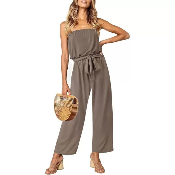imageZESICA Womens 2023 Casual Off Shoulder Solid Color Strapless Belted Wide Leg Jumpsuit RomperMocha