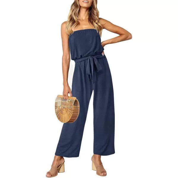 imageZESICA Womens 2023 Casual Off Shoulder Solid Color Strapless Belted Wide Leg Jumpsuit RomperNavy