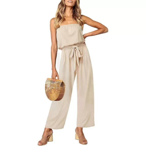imageZESICA Womens 2023 Casual Off Shoulder Solid Color Strapless Belted Wide Leg Jumpsuit RomperNude