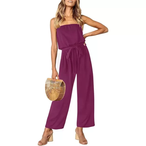 imageZESICA Womens 2023 Casual Off Shoulder Solid Color Strapless Belted Wide Leg Jumpsuit RomperPlum