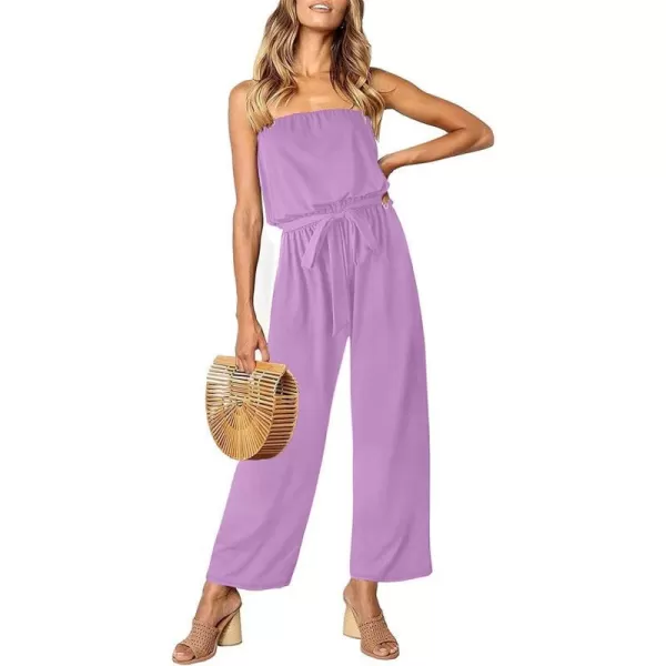imageZESICA Womens 2023 Casual Off Shoulder Solid Color Strapless Belted Wide Leg Jumpsuit RomperPurple