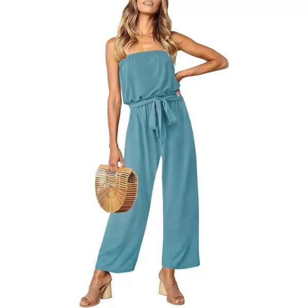 imageZESICA Womens 2023 Casual Off Shoulder Solid Color Strapless Belted Wide Leg Jumpsuit RomperSage