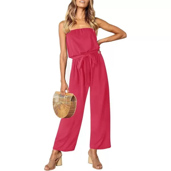 imageZESICA Womens 2023 Casual Off Shoulder Solid Color Strapless Belted Wide Leg Jumpsuit RomperTeaberry
