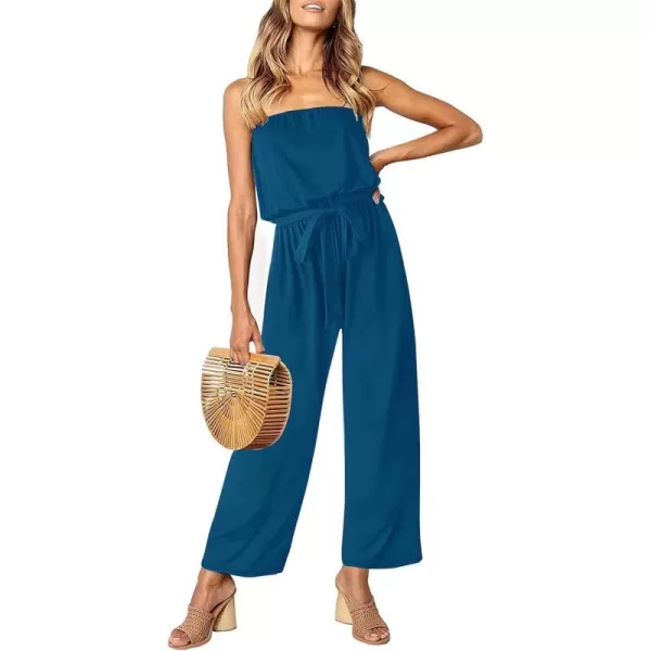 imageZESICA Womens 2023 Casual Off Shoulder Solid Color Strapless Belted Wide Leg Jumpsuit RomperTeal