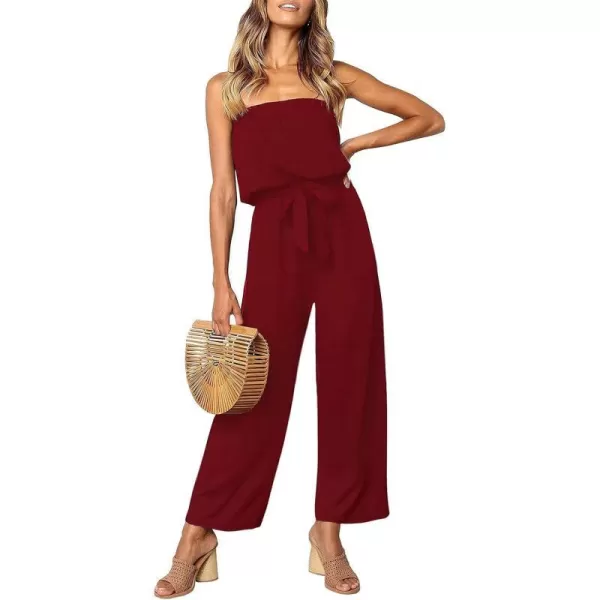 imageZESICA Womens 2023 Casual Off Shoulder Solid Color Strapless Belted Wide Leg Jumpsuit RomperWine