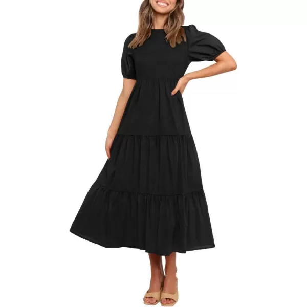 imageZESICA Womens 2023 Casual Summer Crew Neck Short Puff Sleeve Smocked High Waist Ruffle Tiered A Line Midi DressBlack