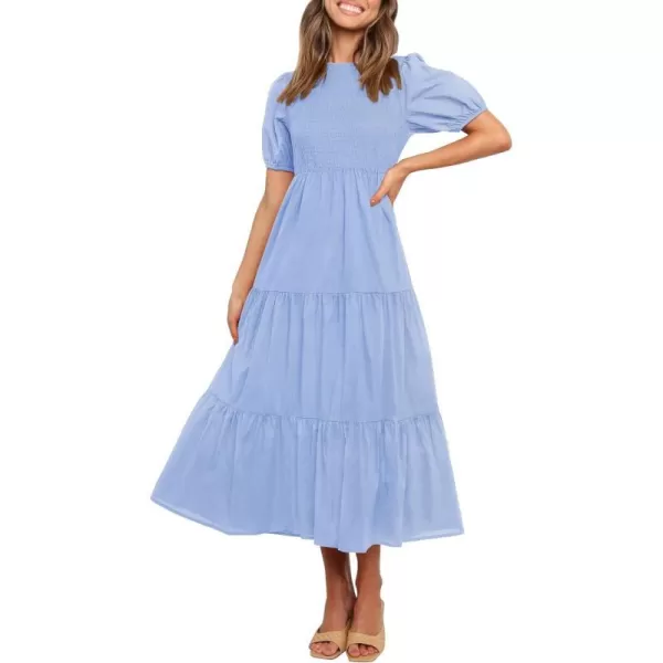 imageZESICA Womens 2023 Casual Summer Crew Neck Short Puff Sleeve Smocked High Waist Ruffle Tiered A Line Midi DressBlue