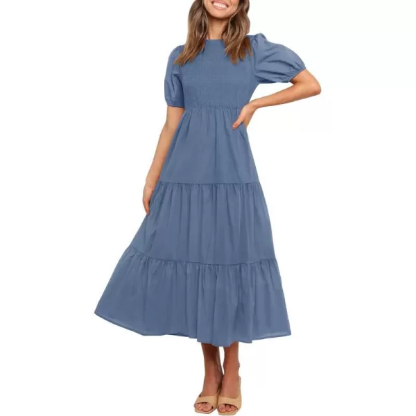 imageZESICA Womens 2023 Casual Summer Crew Neck Short Puff Sleeve Smocked High Waist Ruffle Tiered A Line Midi DressDustyblue