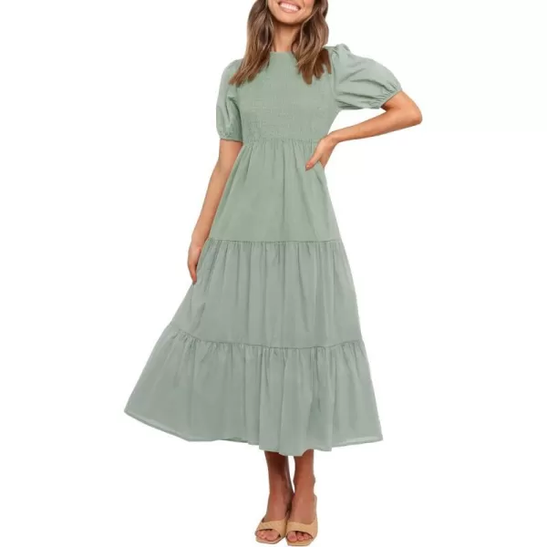imageZESICA Womens 2023 Casual Summer Crew Neck Short Puff Sleeve Smocked High Waist Ruffle Tiered A Line Midi DressDustygreen