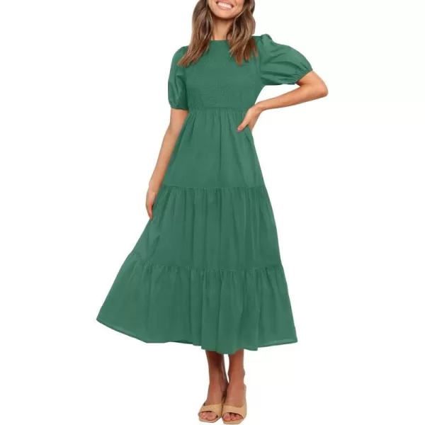 imageZESICA Womens 2023 Casual Summer Crew Neck Short Puff Sleeve Smocked High Waist Ruffle Tiered A Line Midi DressForestgreen