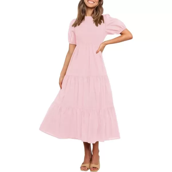 imageZESICA Womens 2023 Casual Summer Crew Neck Short Puff Sleeve Smocked High Waist Ruffle Tiered A Line Midi DressLightpink