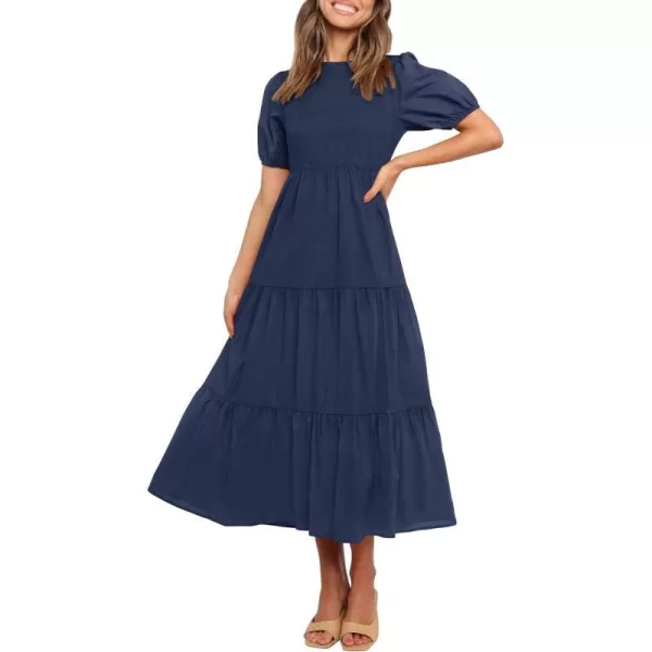 imageZESICA Womens 2023 Casual Summer Crew Neck Short Puff Sleeve Smocked High Waist Ruffle Tiered A Line Midi DressNavy