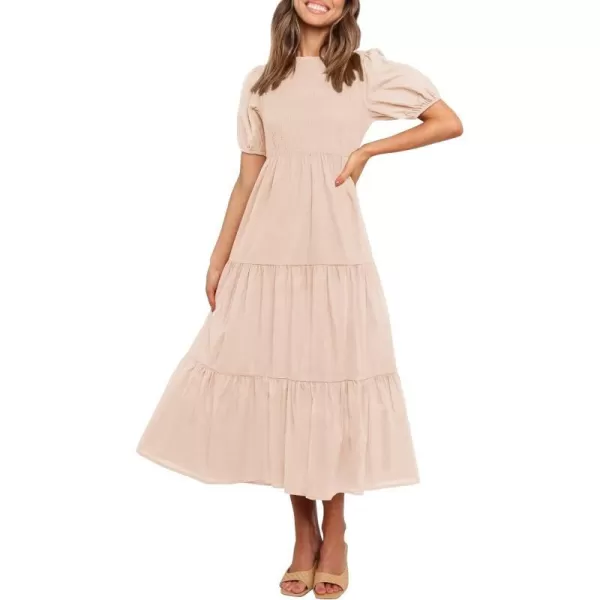 imageZESICA Womens 2023 Casual Summer Crew Neck Short Puff Sleeve Smocked High Waist Ruffle Tiered A Line Midi DressPink