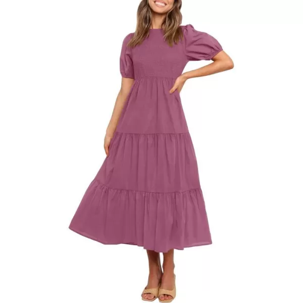 imageZESICA Womens 2023 Casual Summer Crew Neck Short Puff Sleeve Smocked High Waist Ruffle Tiered A Line Midi DressPlum