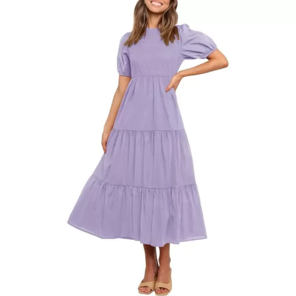 imageZESICA Womens 2023 Casual Summer Crew Neck Short Puff Sleeve Smocked High Waist Ruffle Tiered A Line Midi DressPurple
