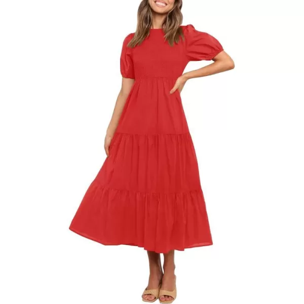 imageZESICA Womens 2023 Casual Summer Crew Neck Short Puff Sleeve Smocked High Waist Ruffle Tiered A Line Midi DressRed