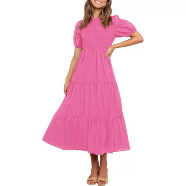 imageZESICA Womens 2023 Casual Summer Crew Neck Short Puff Sleeve Smocked High Waist Ruffle Tiered A Line Midi DressRose