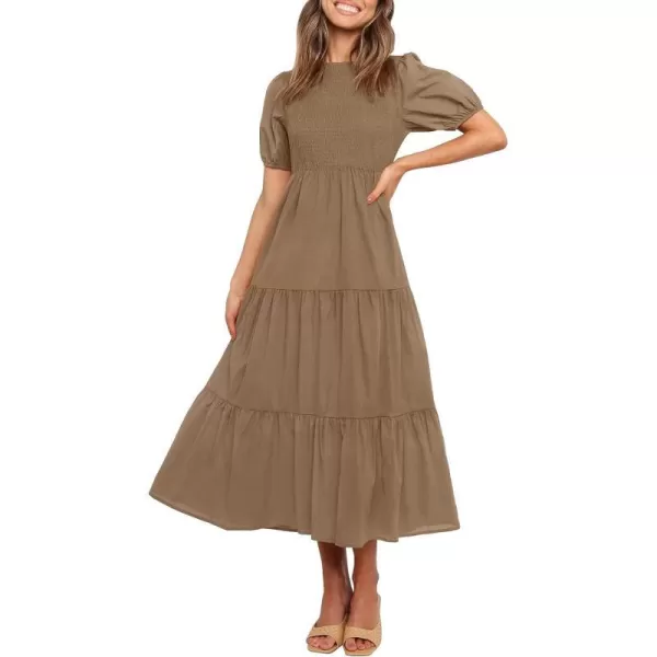 imageZESICA Womens 2023 Casual Summer Crew Neck Short Puff Sleeve Smocked High Waist Ruffle Tiered A Line Midi DressTan