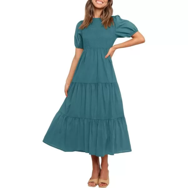 imageZESICA Womens 2023 Casual Summer Crew Neck Short Puff Sleeve Smocked High Waist Ruffle Tiered A Line Midi DressTeal