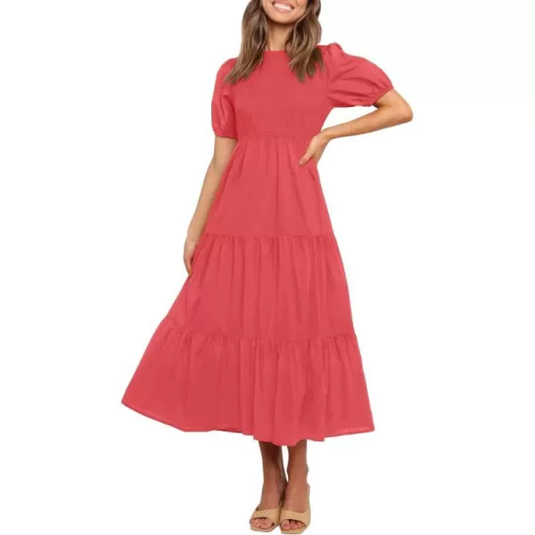 imageZESICA Womens 2023 Casual Summer Crew Neck Short Puff Sleeve Smocked High Waist Ruffle Tiered A Line Midi DressWatermelon