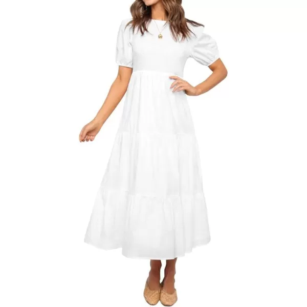 imageZESICA Womens 2023 Casual Summer Crew Neck Short Puff Sleeve Smocked High Waist Ruffle Tiered A Line Midi DressWhite
