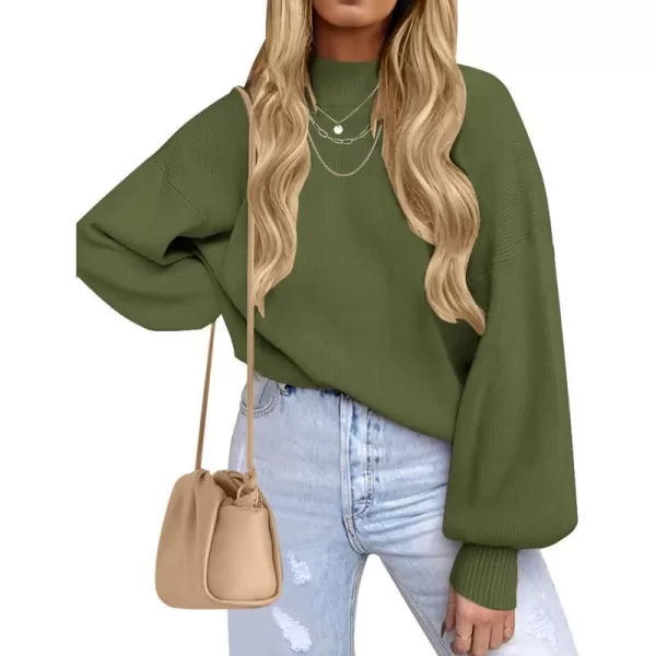 imageZESICA Womens 2023 Casual Turtleneck Long Lantern Sleeve Oversized Ribbed Knit Pullover Sweater Jumper TopArmygreen