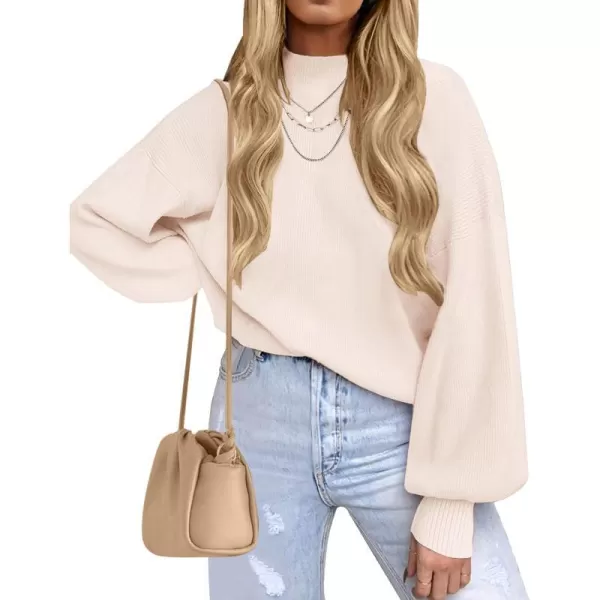 imageZESICA Womens 2023 Casual Turtleneck Long Lantern Sleeve Oversized Ribbed Knit Pullover Sweater Jumper TopBeige